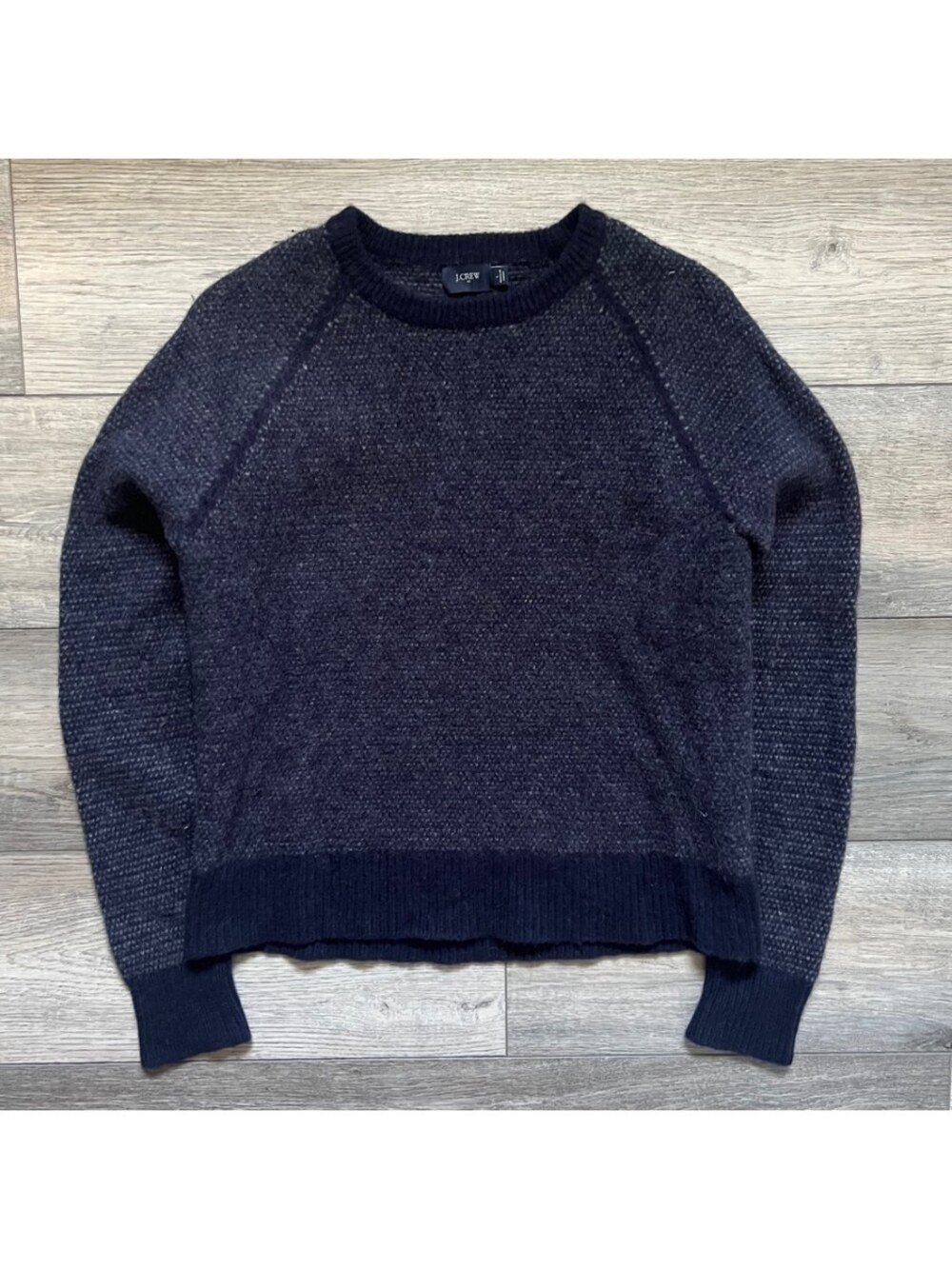 J.Crew Women's L Pullover Crewneck Wool Sweater Navy Waffle Knit 100% Lambswool